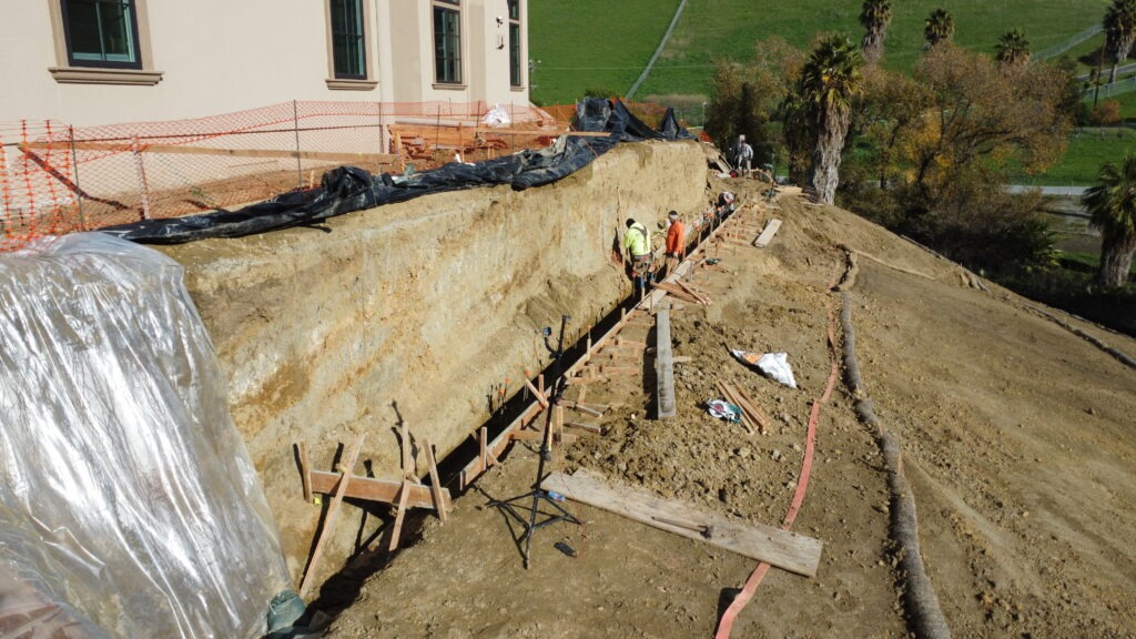 Milpitas concrete grade beam drone overview showing 2x2 structural grade beam installation by All Access Construction in Santa Clara County