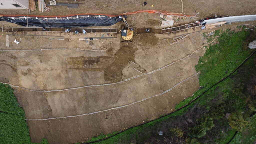 Top down drone view of concrete grade beam construction in Milpitas Santa Clara County