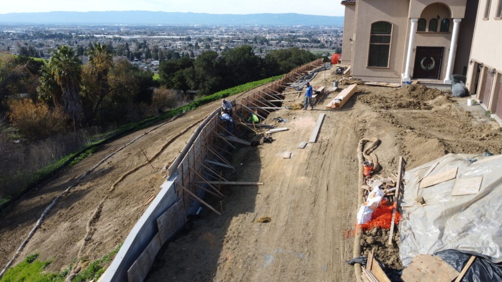Drone view of longest concrete retaining wall project in Milpitas California during construction